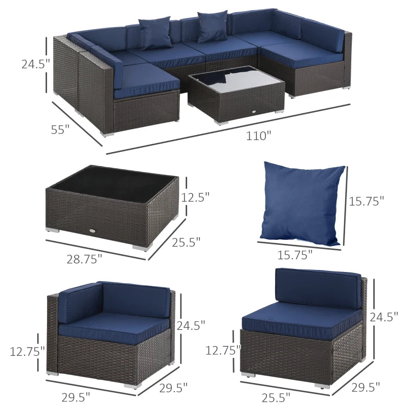 Ensemble de meubles de patio 7 pièces, ensemble de conversation en plein air en rotin, ensemble de canapé de jardin en osier, meubles sectionnels, bleu marine