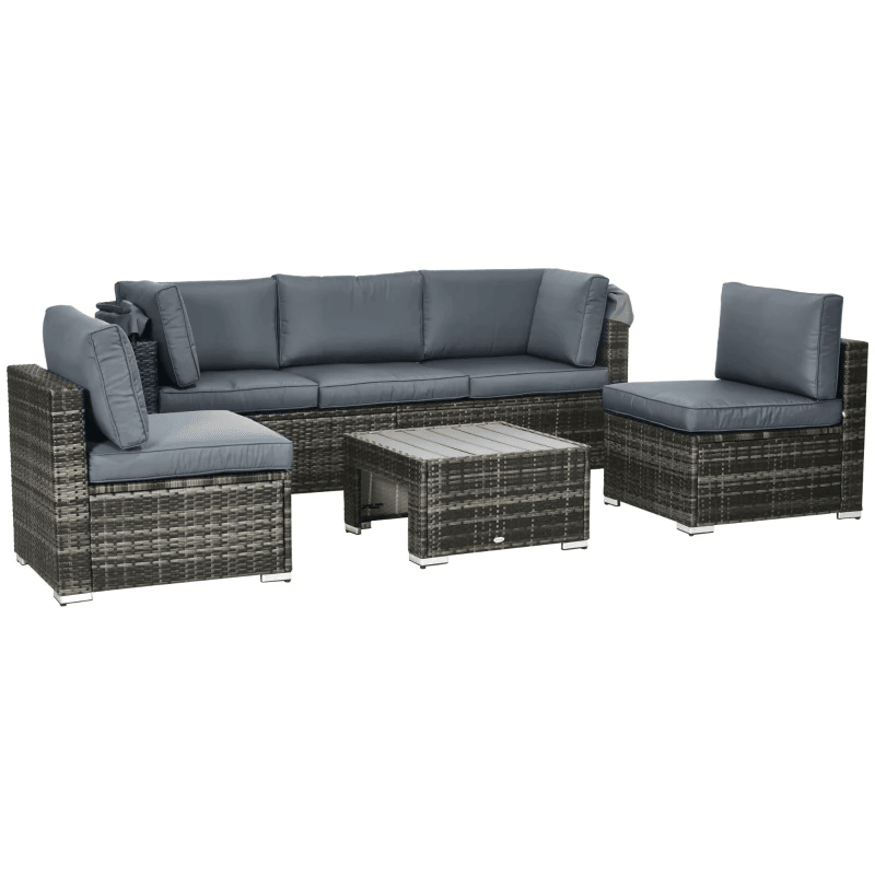 Ensemble de meubles de patio 4 pièces, canapé sectionnel d'extérieur en osier de rotin avec auvent rétractable, coussins, canapé 3 places pour arrière-cour, jardin, gris