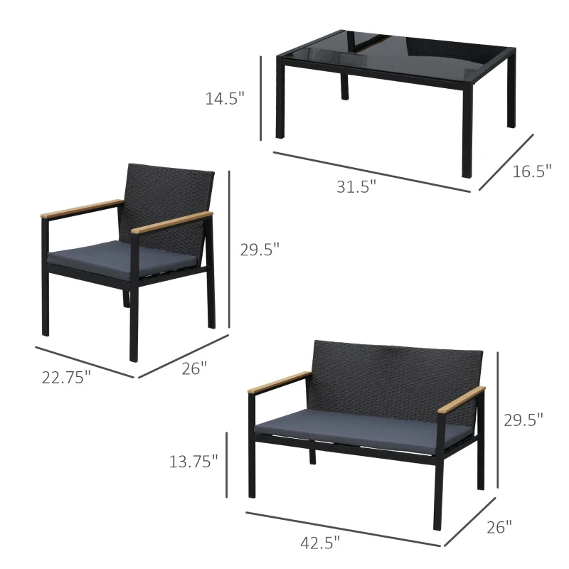 Outunny 4 pièces Ensemble de meubles de terrasse en osier avec coussins, ensemble de conversations en rotin en rotin en plein air, chaises et causeuse avec des accoudoirs PS Decoration, table en verre, noir