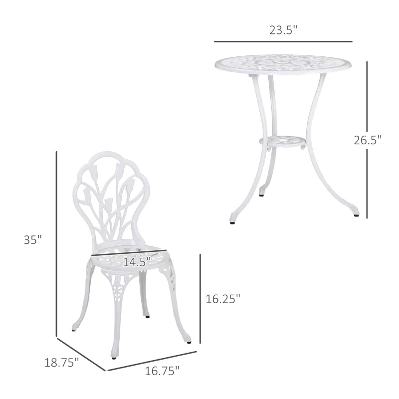 Ensemble bistro de patio 3 pièces, table et chaises de jardin en fonte d'aluminium avec trou pour parasol pour balcon, blanc
