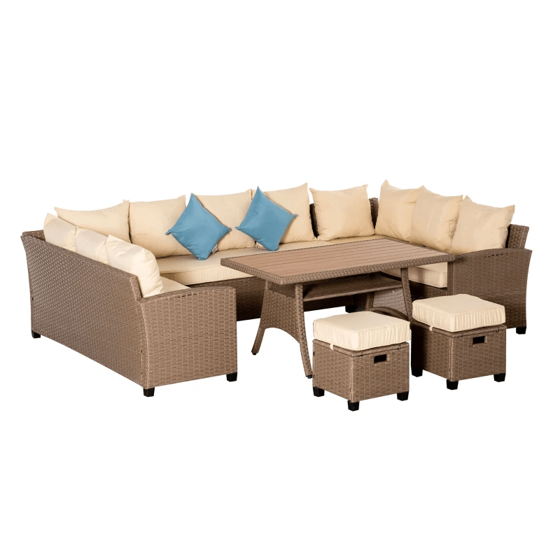 Ensemble de meubles de patio 6 pièces, ensemble de table à manger d'extérieur, ensemble de canapé en osier, meubles de conversation en rotin PE toutes saisons, avec table basse et coussins en plastique à grain de bois, kaki