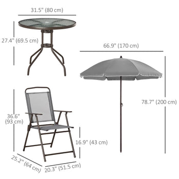 Ensemble de salle à manger d'extérieur 6 pièces pour 4 personnes, avec parasol, mobilier d'extérieur, Table ronde, 4 chaises pliantes, gris
