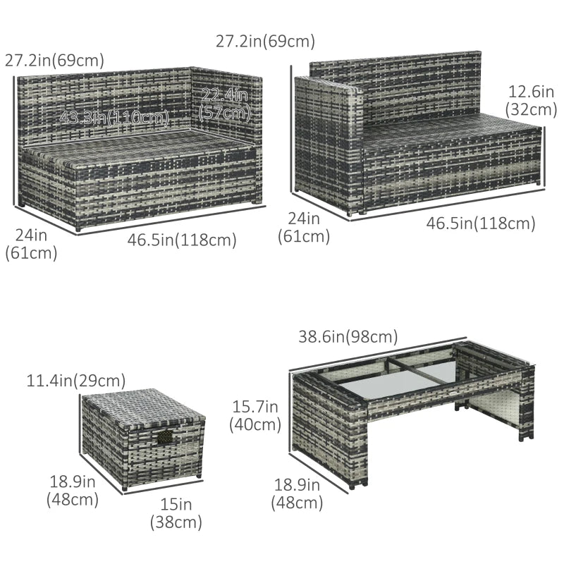Ensemble de meubles de jardin en rotin 6 pièces, canapé d'extérieur 8 places avec 3 causeuses en osier avec coussins, 2 repose-pieds et table en verre pour cour, bord de piscine, gris