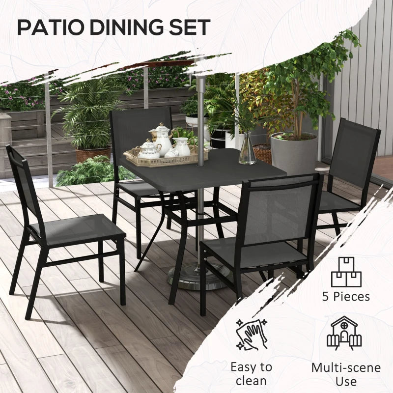 Ensemble de salle à manger d'extérieur 5 pièces avec trou pour parasol, table et chaises de patio avec dessus en acier, dossier de siège en maille respirante