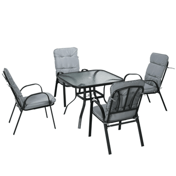 Ensemble de salle à manger de jardin carré extérieur 5 pièces avec table à manger en verre trempé, 4 fauteuils rembourrés, trou pour parasol, gris