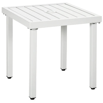 Table d'appoint d'extérieur, table d'appoint de patio avec trou pour parasol, petite table basse avec cadre en acier pour balcon, blanche