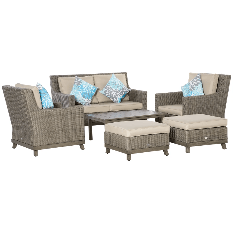 Ensemble de meubles de patio 6 pièces, ensemble de canapé de jardin de luxe avec cadre en aluminium, meubles de conversation demi-rond en osier et rotin avec plateau en panneau d'aluminium et coussin pour jardin, cour, pelouse, beige
