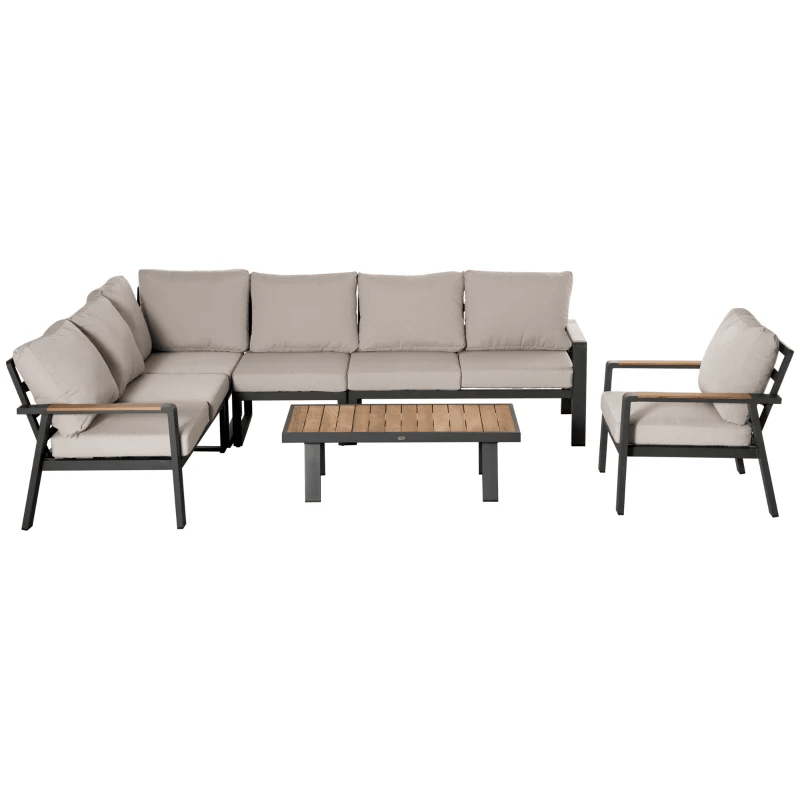 Ensemble de meubles de patio en forme de L, 6 pièces pour 7 personnes, ensemble de conversation en aluminium, ensemble de canapé d'angle sectionnel avec siège élargi