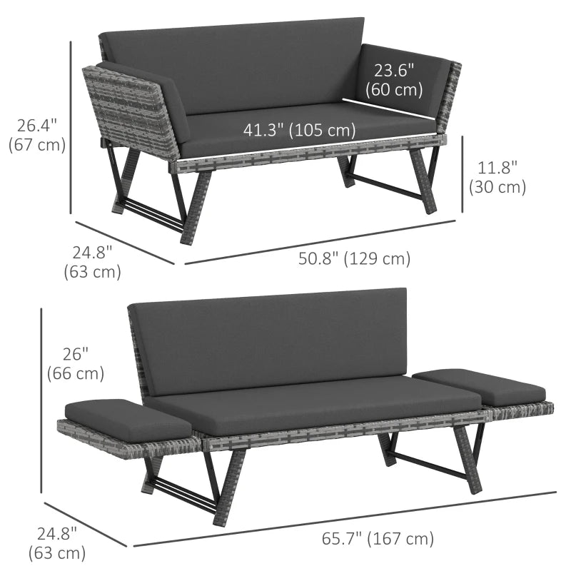 Causeuse convertible en osier, chaise longue de patio grise