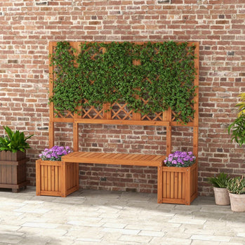Banc d'extérieur en bois avec treillis pour plantes grimpantes et 2 jardinières, jardinière avec banc, panneau d'intimité marron