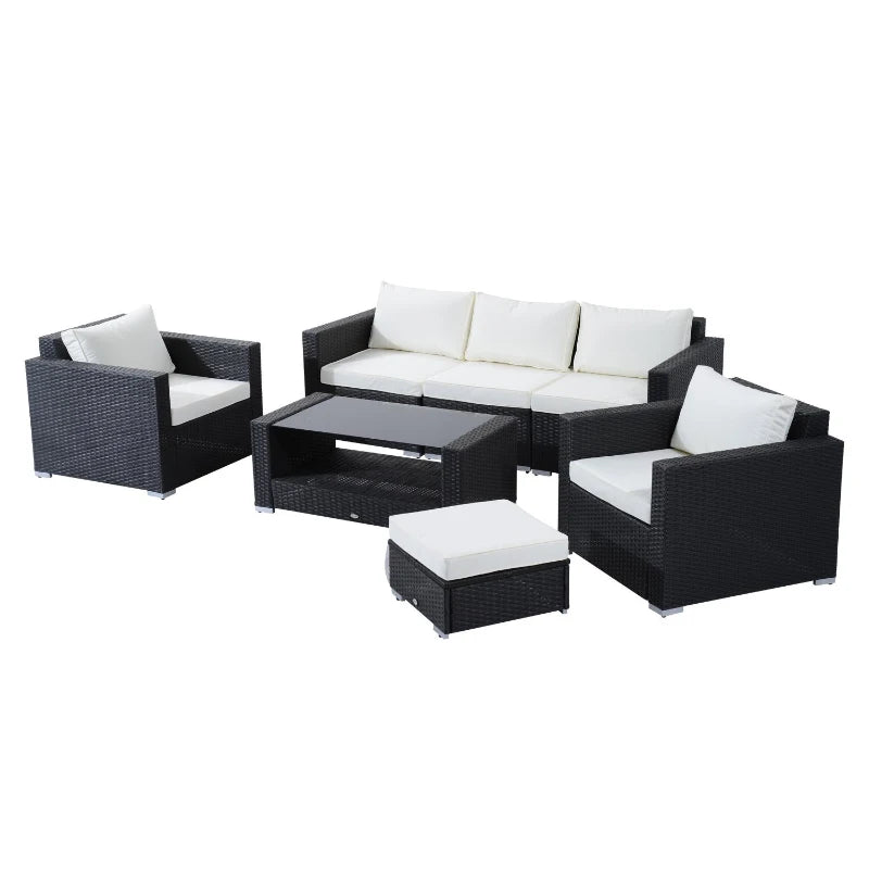 Ensemble de meubles de patio en osier 7 pièces, canapé de conversation sectionnel en rotin PE avec table et coussin en verre, beige