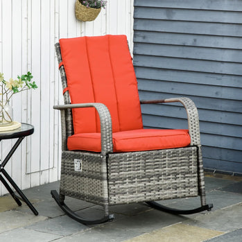 Chaise à bascule d'extérieur en osier avec coussin, chaise inclinable en rotin PE avec repose-pieds réglable, accoudoirs, rouge
