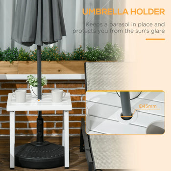 Table d'appoint d'extérieur, table d'appoint de patio avec trou pour parasol, petite table basse avec cadre en acier pour balcon, blanche