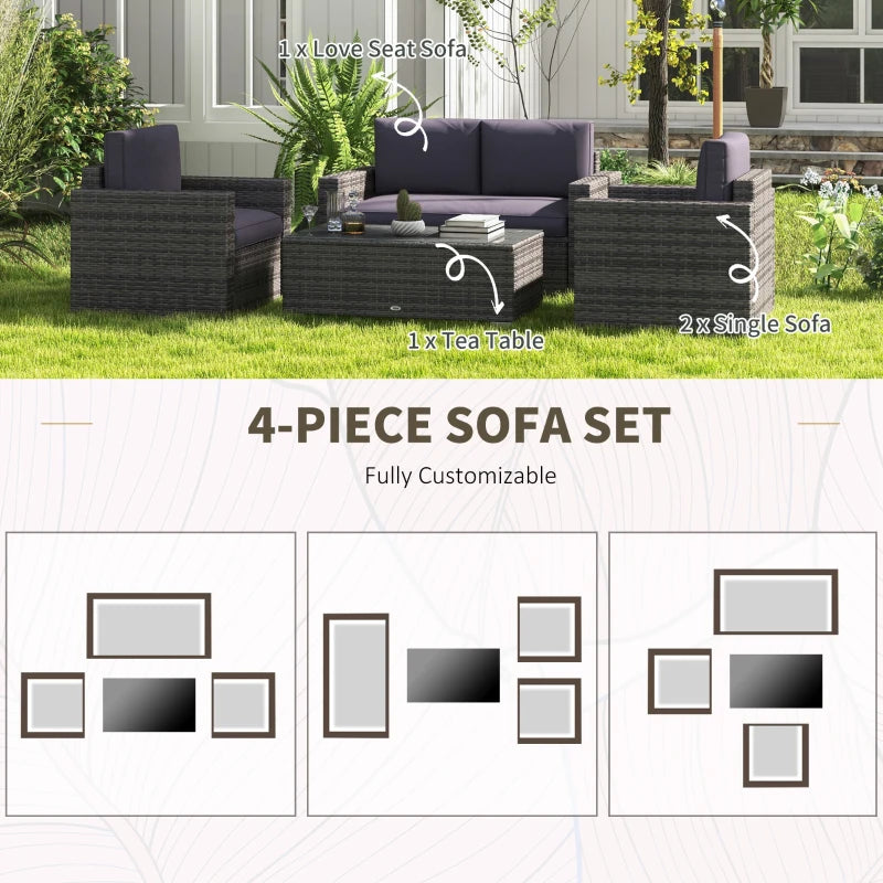 Mobilier d'extérieur avec table, meubles en osier avec causeuse et 2 chaises pour jardin, bord de piscine, gris