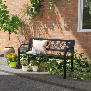 Banc d'extérieur de 127 cm, causeuse de patio à structure en métal avec dossier à motif floral, accoudoir durci, pour véranda, jardin, bord de piscine, terrasse, noir