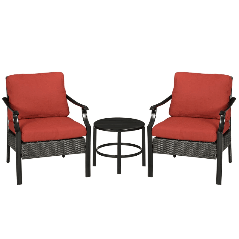 Ensemble de bistro de patio en osier 3 pièces, meubles de balcon d'extérieur en rotin PE avec coussins rembourrés doux et table en plaque de fer pour jardin, arrière-cour, rouge
