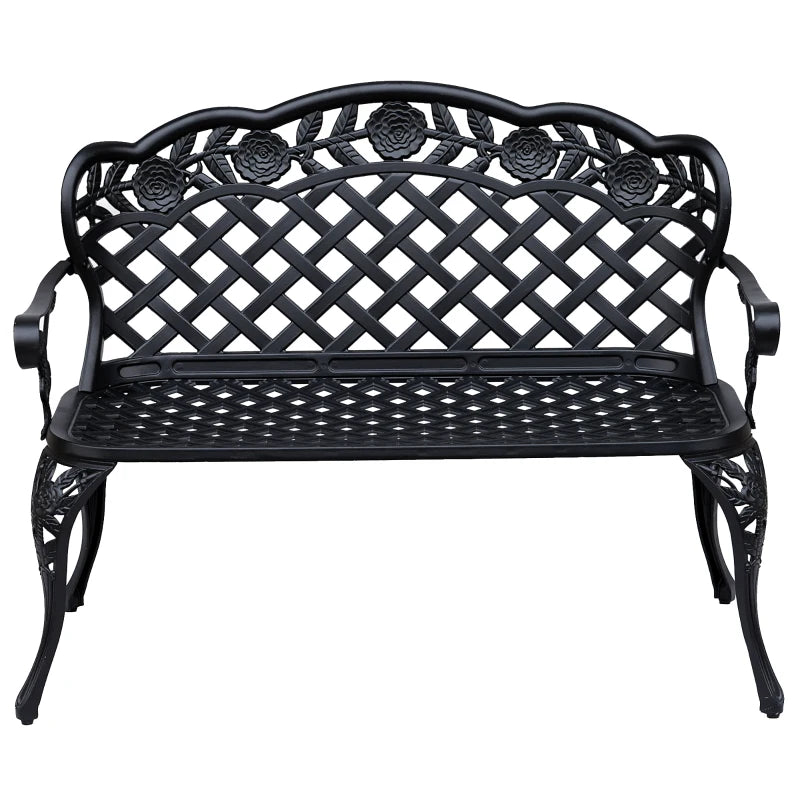 Banc de jardin en métal, causeuse d'extérieur 2 places avec accoudoirs et dossier à volutes florales, 42,1"x22,8"x33,5", noir