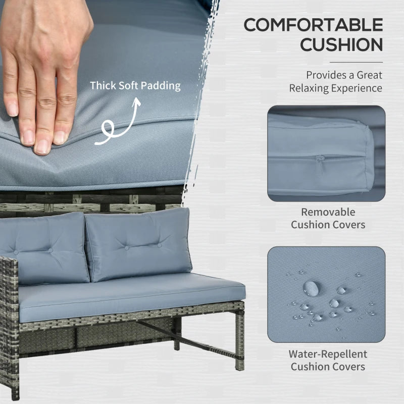 Ensemble de meubles de patio extérieur 3 pièces avec causeuse, chaise longue, table et coussins en verre trempé, ensemble de conversation sectionnel en osier et rotin pour jardin, gris