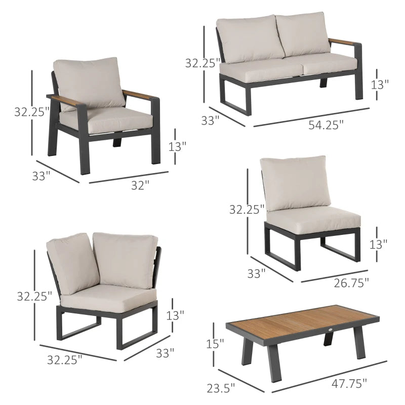 Ensemble de meubles de patio en forme de L, 6 pièces pour 7 personnes, ensemble de conversation en aluminium, ensemble de canapé d'angle sectionnel avec siège élargi