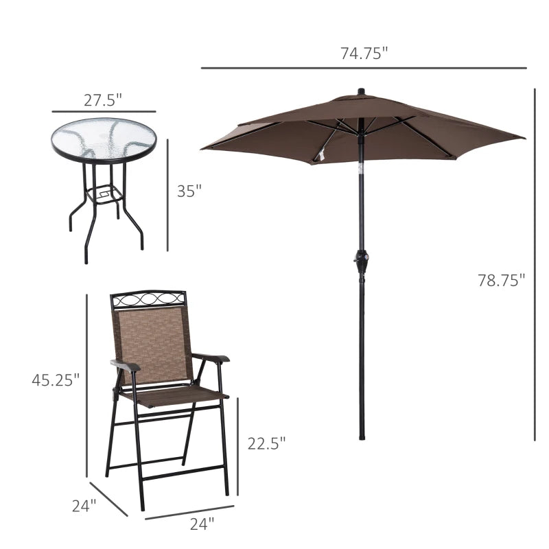 Ensemble de bar de patio 4 pièces, mobilier d'extérieur pliable avec parasol pour bord de piscine, arrière-cour et jardin, marron