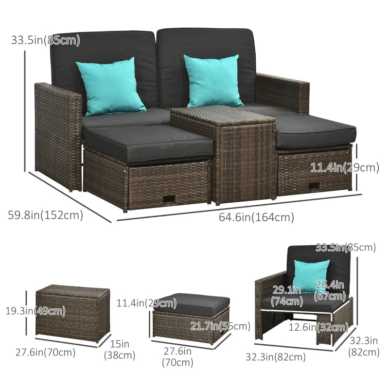Ensemble de meubles de patio en osier 5 pièces avec coussins, ensemble de canapé d'extérieur en rotin PE avec chaise longue réglable, table basse de rangement, poufs, gris foncé