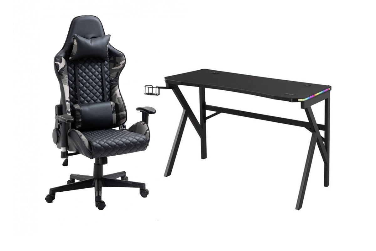 ENSEMBLE BUREAU ET CHAISE GAMING, CAMOUFLAGE/NOIR ( Meuble Mtl ) 