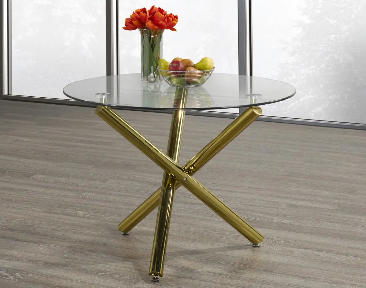 Table à manger dorée à base en X - Verre Trempé
