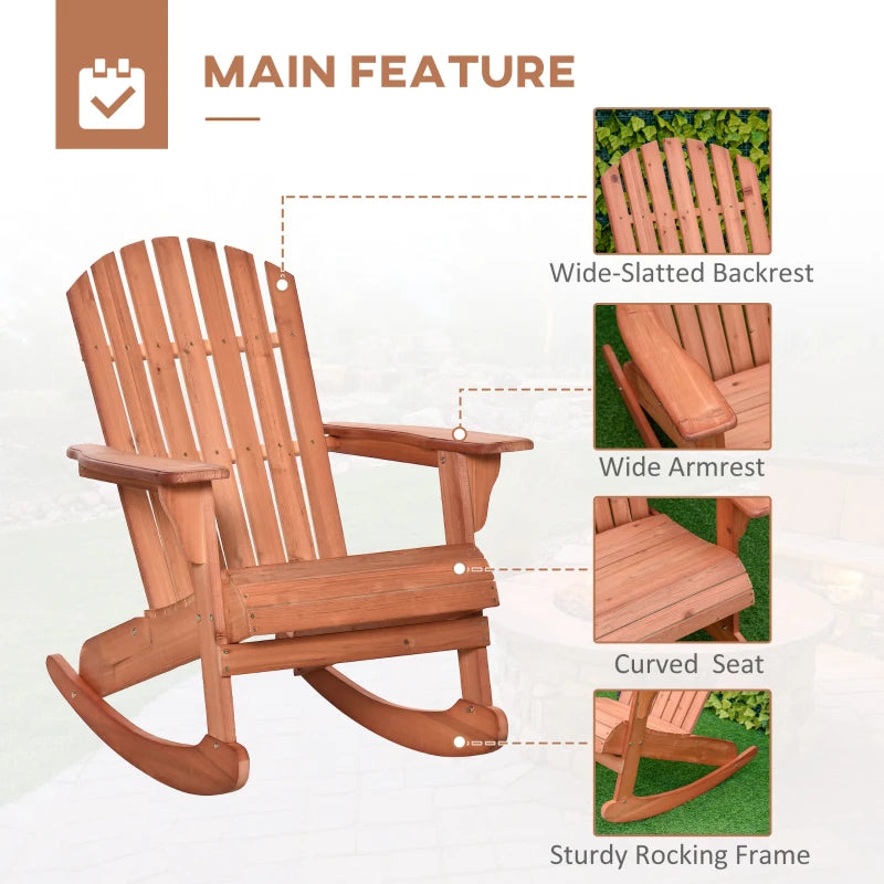 Chaise à bascule Adirondack Muskoka en bois avec design à lattes en bois, dossier en éventail et style rustique classique, teck