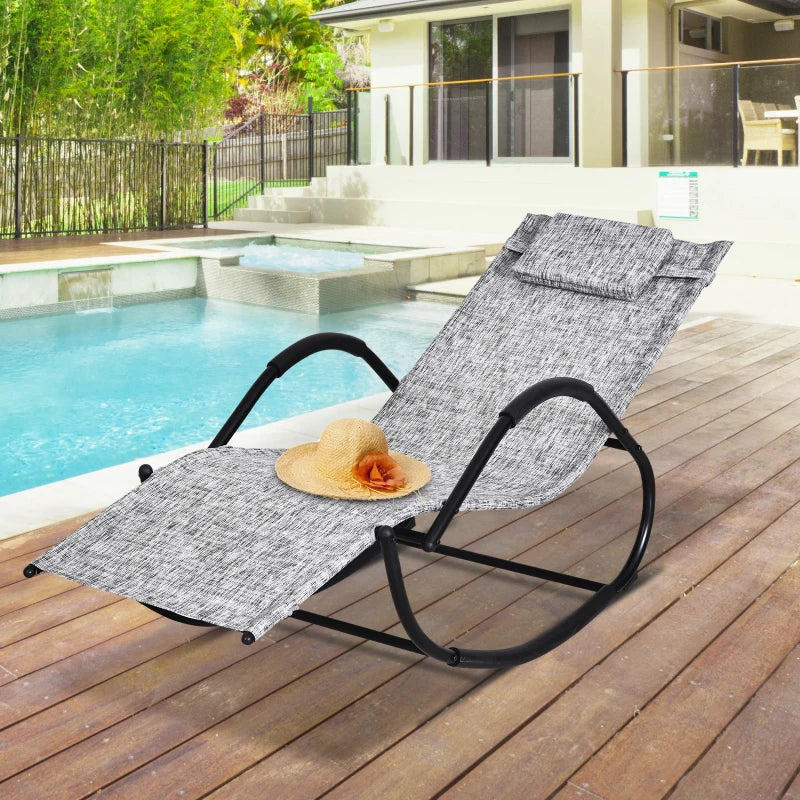 Chaise longue à bascule en textilène pour patio, siège inclinable d'extérieur à bascule Zero Gravity avec oreiller rembourré, gris