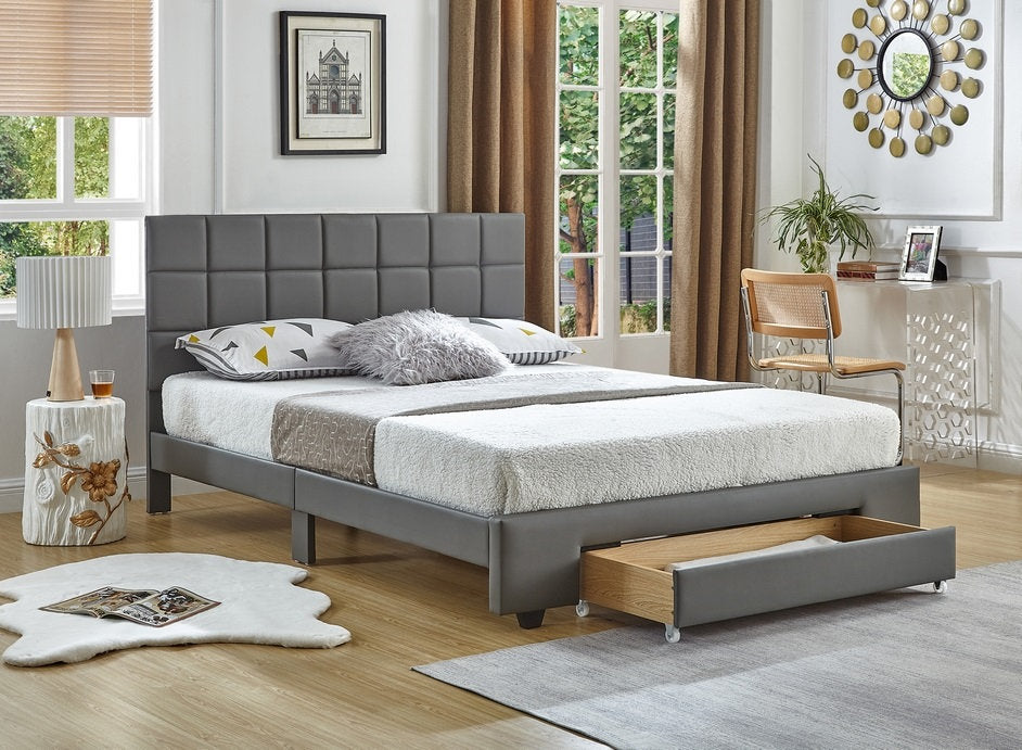 Lit PU Gris - Tête de Lit Carrée Capitonnée, Support Matelas
