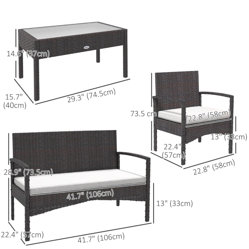 Ensemble de meubles de patio de 4 pièces avec canapé de causeuse, fauteuils, table en verre, canapé de conversation en osier extérieur,