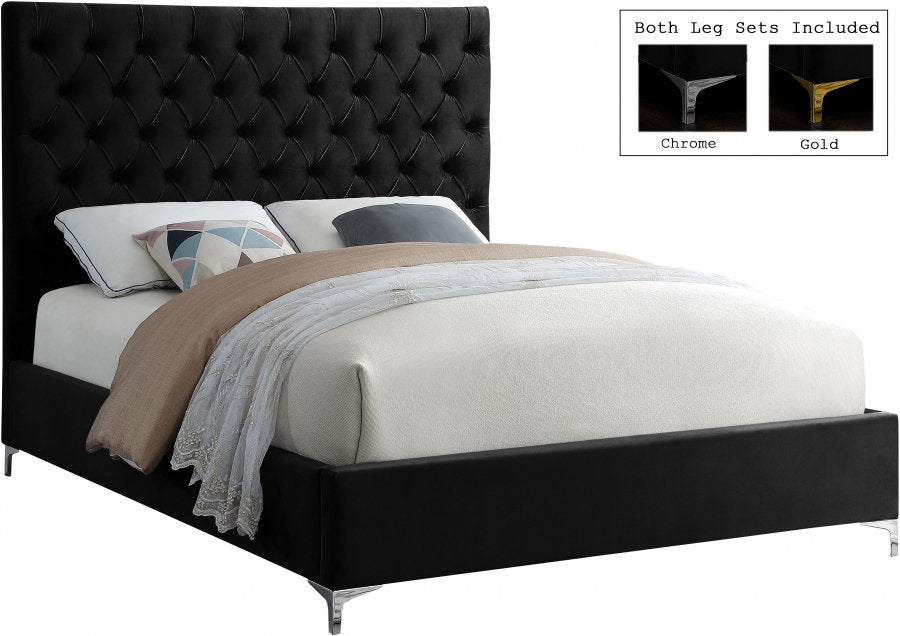 Lit en Velours Noir - Capitonnage Profond, Pieds en Or et Chrome Inclus avec Chaque Lit