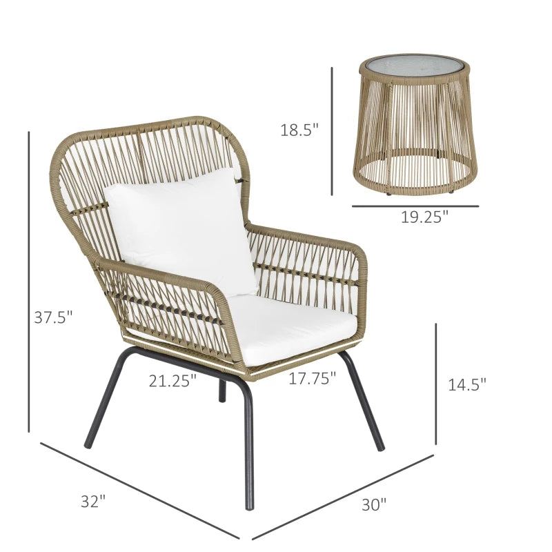 Ensemble de bistro de patio extérieur 3 pièces, meubles en rotin en osier 2 chaises 1 table basse avec pieds en métal pour jardin, cour, terrasse, café et blanc