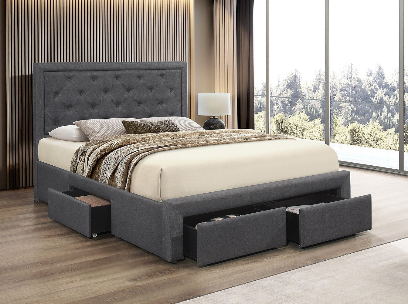 Lit Plateforme - 3 Tiroirs de Rangement (2 à l'Avant, 1 sur le Côté), Tissu Gris Foncé, Support de Matelas Inclus