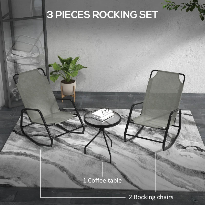 Ensemble de 2 chaises à bascule de patio, ensemble de bistro de patio 3 pièces avec cadre en métal, siège en tissu maillé respirant pour jardin, terrasse, gris