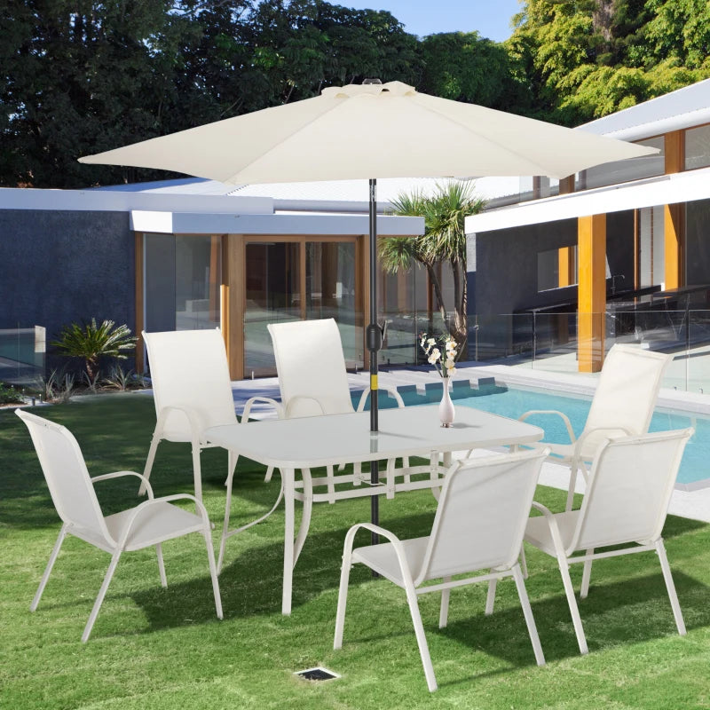 Ensemble de salle à manger de patio 8 pièces avec parasol, 6 chaises et table, blanc crème