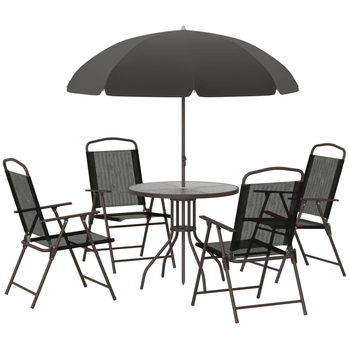 Ensemble de salle à manger d'extérieur 6 pièces pour 4 personnes, avec parasol, mobilier d'extérieur, Table ronde, 4 chaises pliantes, noir