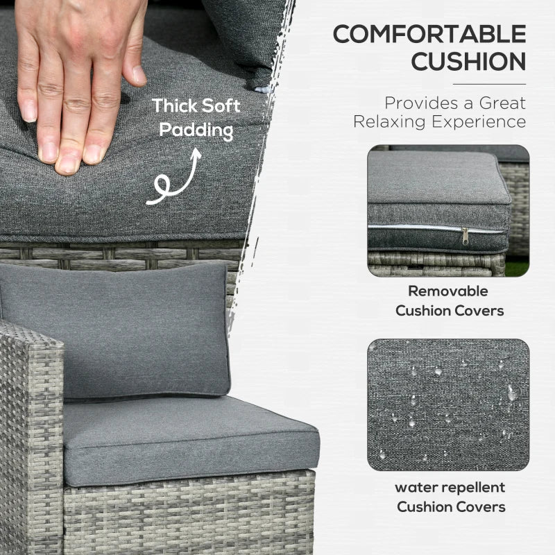 Ensemble de 6 meubles de patio en osier et rotin PE avec coussins épais, canapé sectionnel de jardin de luxe avec table en verre, gris mélangé et gris foncé