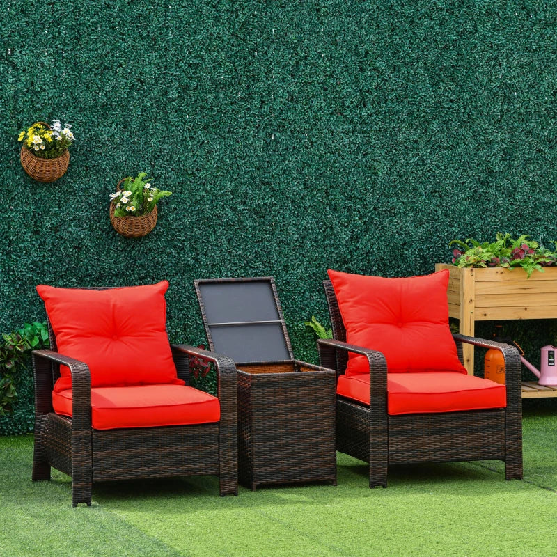 Ensemble bistro de terrasse 3 pièces avec 2 chaises rembourrées et 1 table d'appoint de rangement, ensemble de canapé de jardin en rotin PE avec housse de coussin amovible, rouge