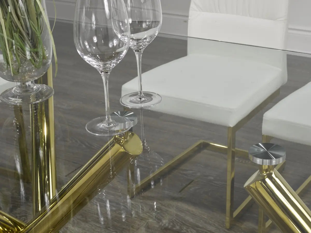 Table à manger dorée 6 places - Verre Trempé et Base en X