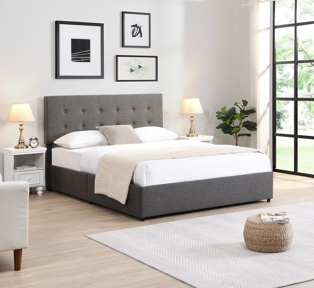 Lit Plateforme - 4 Tiroirs Métalliques, Tête Capitonnée, Tissu Gris, Support Matelas