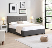 Lit Plateforme - 4 Tiroirs Métalliques, Tête Capitonnée, Tissu Gris, Support Matelas