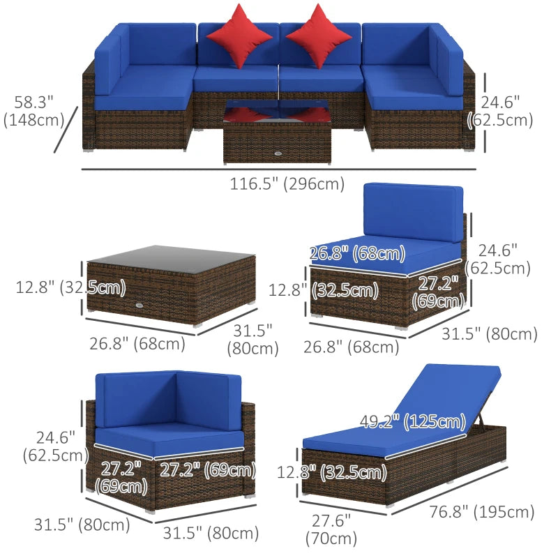 Ensemble de meubles de terrasse en osier 9 pièces avec coussin, bleu marine