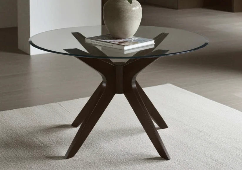 Table de salle à manger ronde  au fini noir délavé avec plateau en verre