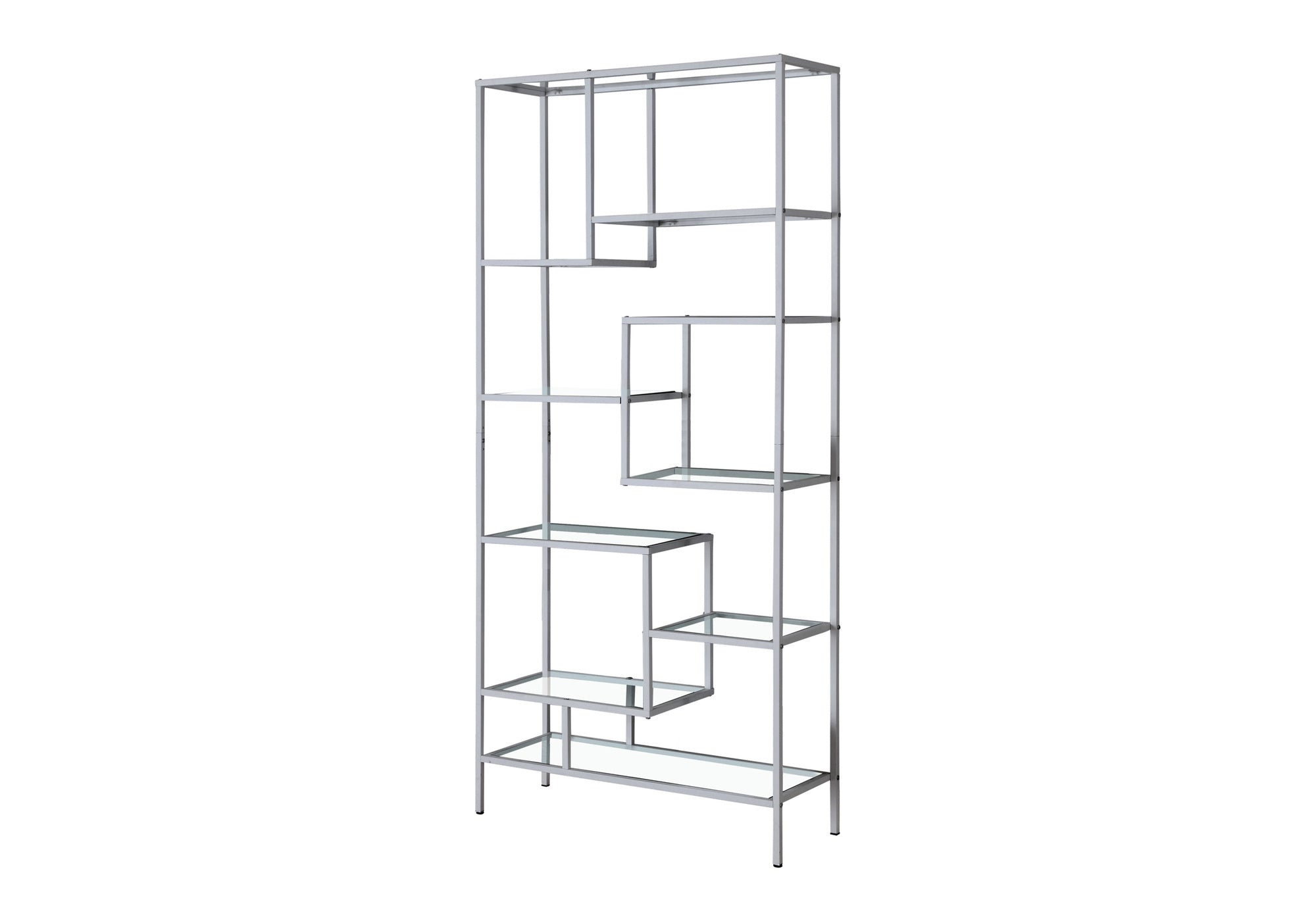 Bibliothèque – 72 po H / cadre métallique argenté / tablettes en verre trempé : I 7158