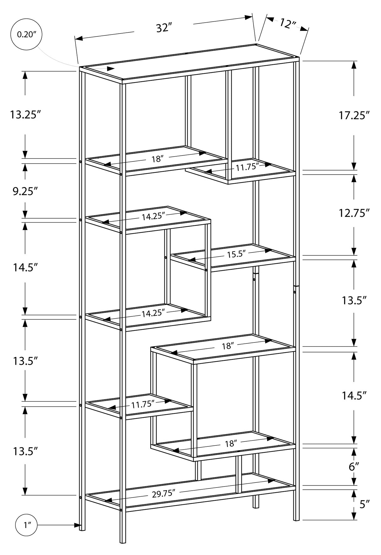 Bibliothèque – 72 po H / cadre métallique argenté / tablettes en verre trempé : I 7158