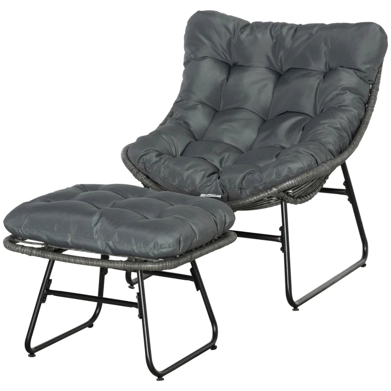 Chaise en rotin avec tabouret, coussin, repose-pieds réglables, gris