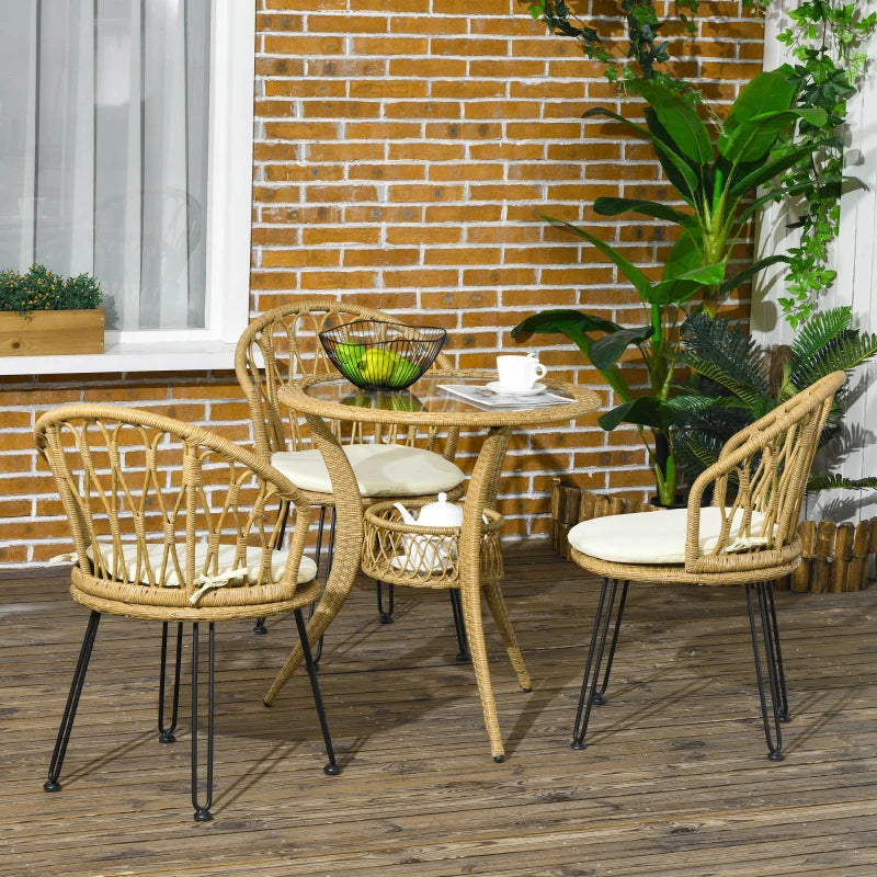 Ensemble de salle à manger en rotin 4 pièces avec panier de rangement, plateau de Table en verre trempé, pour jardin, cour, balcon, marron clair
