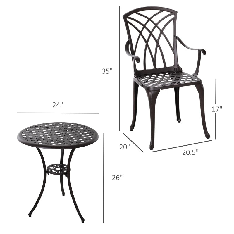 Ensemble de bistro de patio 3 pièces, ensemble de meubles de conversation d'extérieur en fonte d'aluminium, table basse avec trou pour parasol, 2 fauteuils, marron