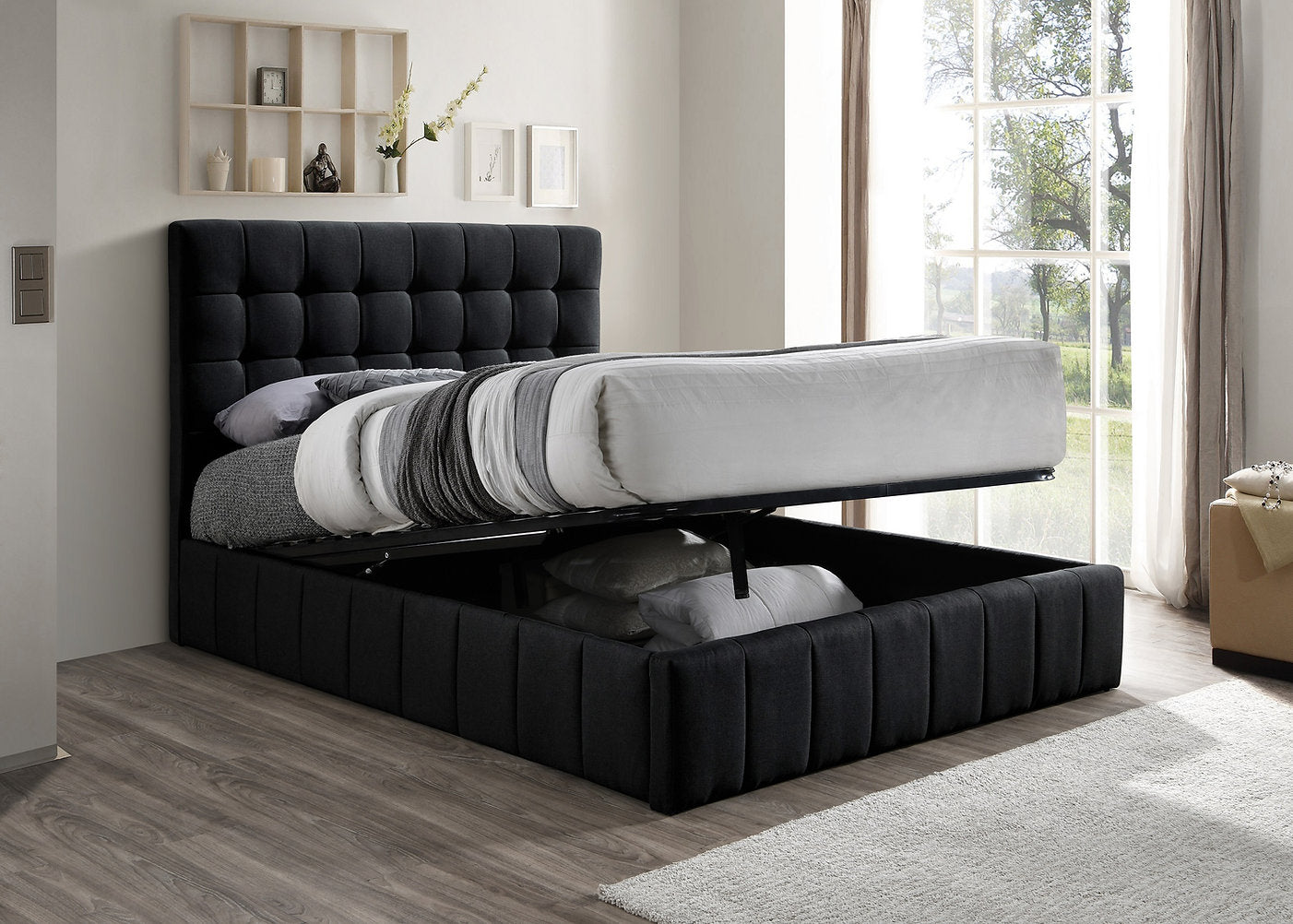 Lit de rangement en tissu noir avec système hydraulique de levage et support de matelas - Conception facile à soulever